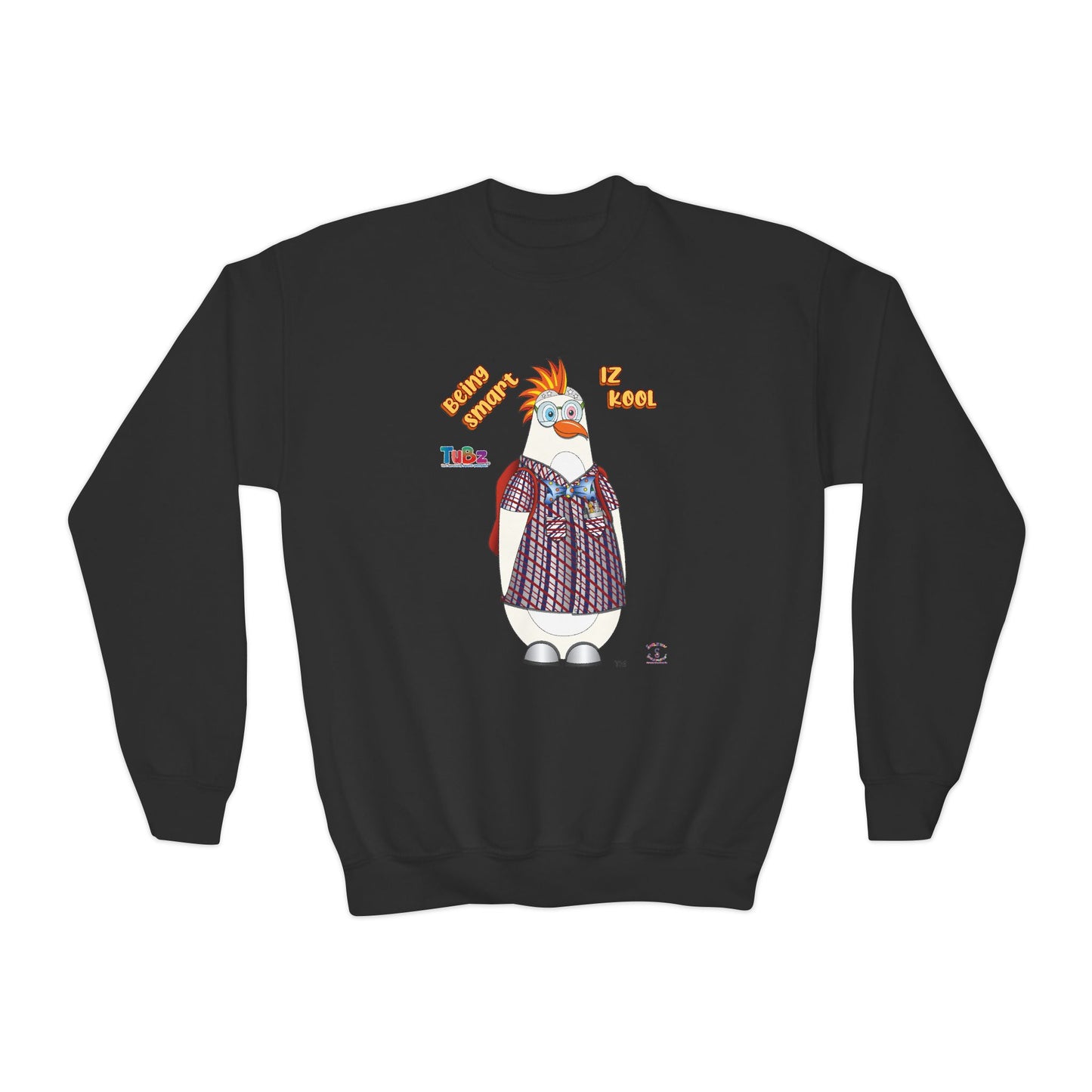 TuBz™ "Being Smart Iz Kool" Youth Crewneck Sweatshirt – Character Dress-Up Graphic Sweatshirt | Smile Universe TuBz4Kidz Collection