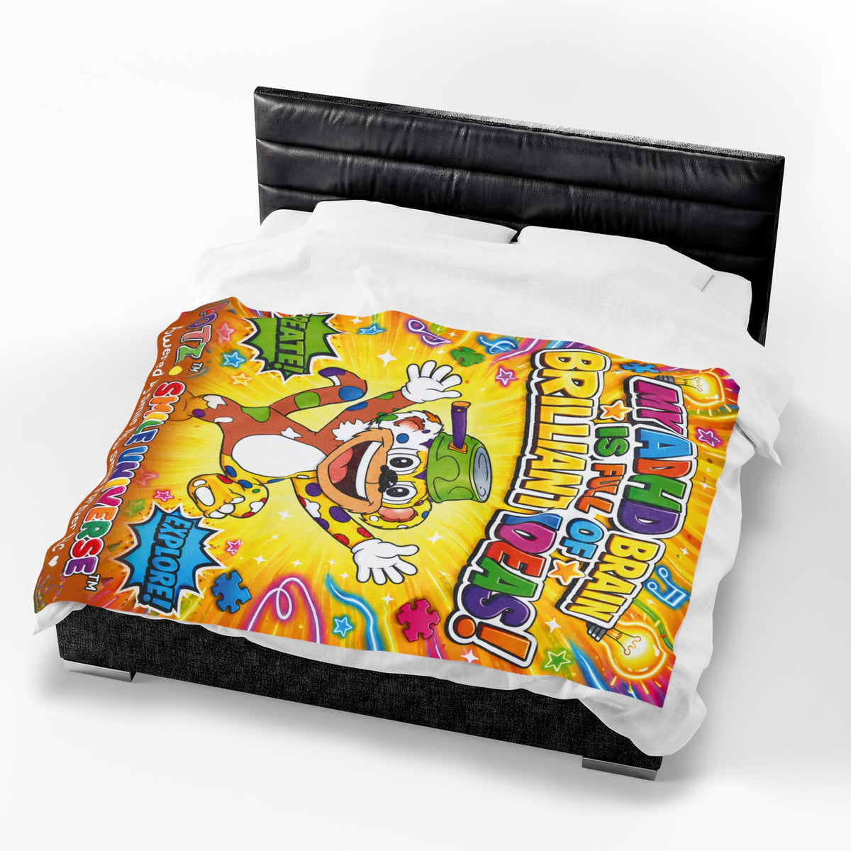 Potz™ Velveteen Plush Blanket – "My ADHD Brain is Full of Brilliant Ideas!" Graphic Throw | Smile Universe Collection