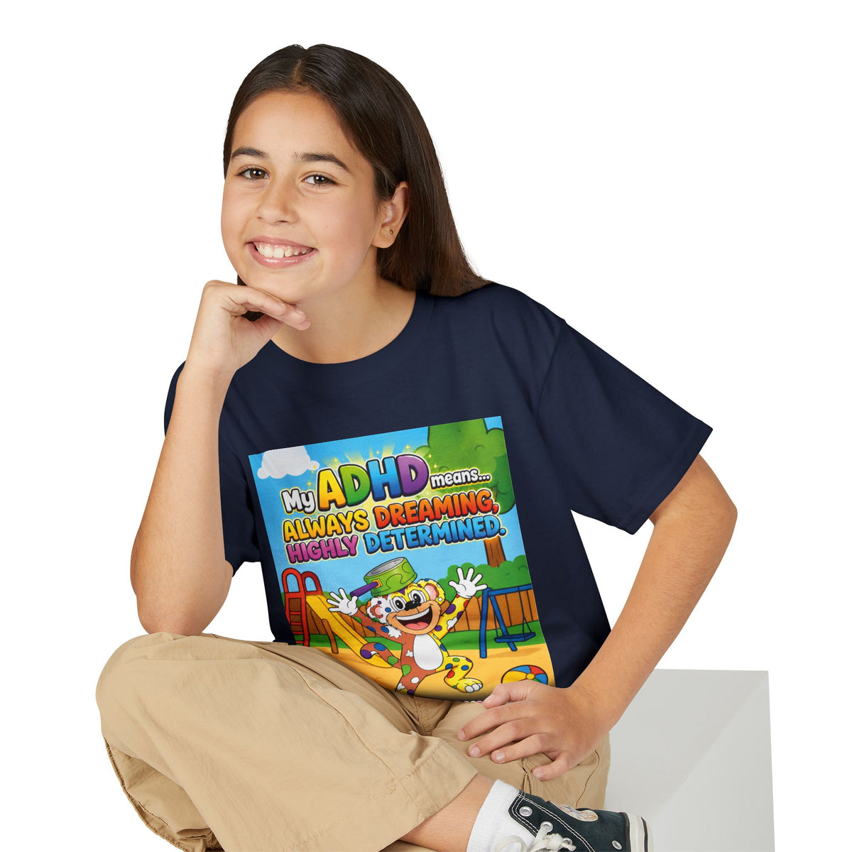 Potz™ Youth DryBlend® T-Shirt – "My ADHD Means Always Dreaming, Highly Determined" Graphic Tee | Smile Universe Collection
