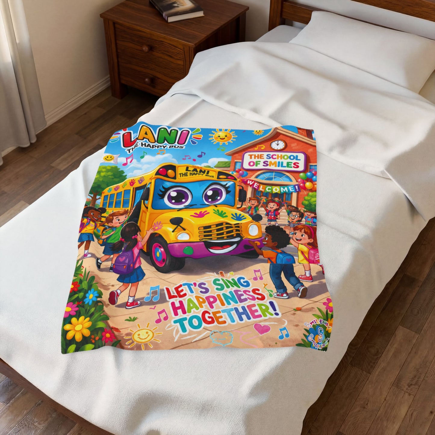 Lani the Happy Bus Kids Velveteen Blanket — "Let's Sing Happiness Together" Cozy Throw