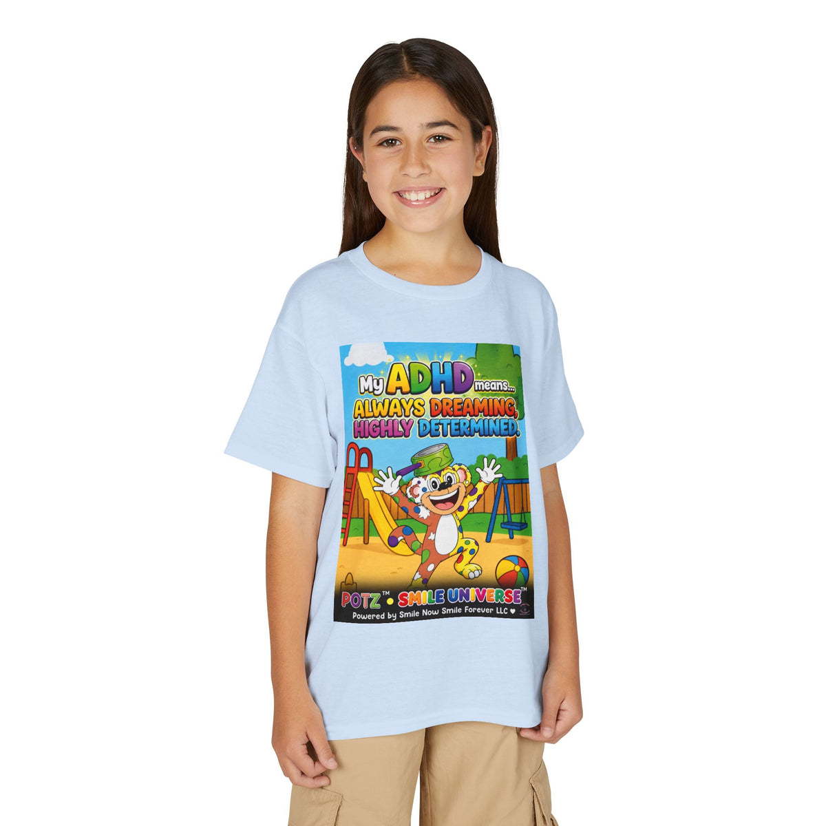 Potz™ Youth DryBlend® T-Shirt – "My ADHD Means Always Dreaming, Highly Determined" Graphic Tee | Smile Universe Collection