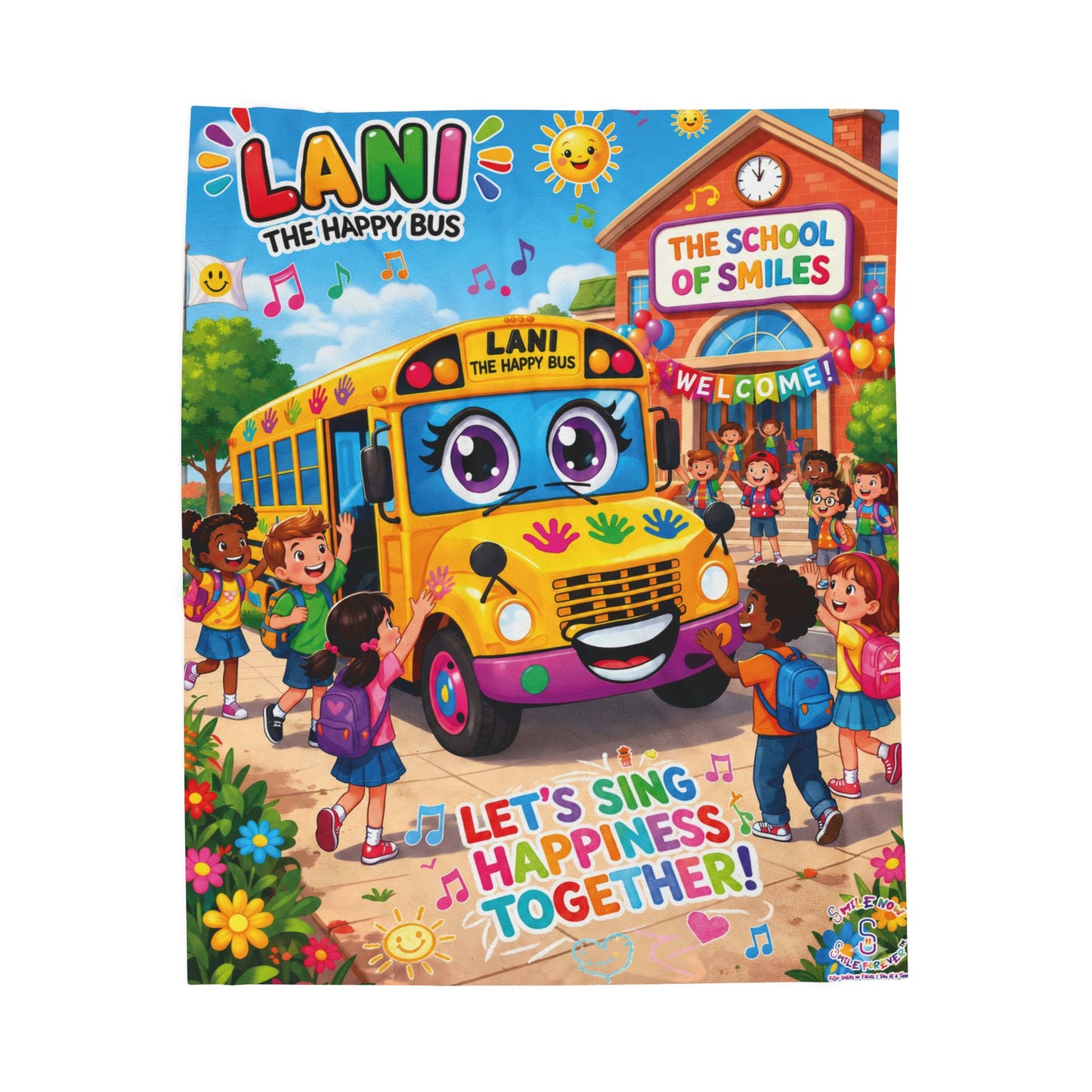 Lani the Happy Bus Kids Velveteen Blanket — "Let's Sing Happiness Together" Cozy Throw