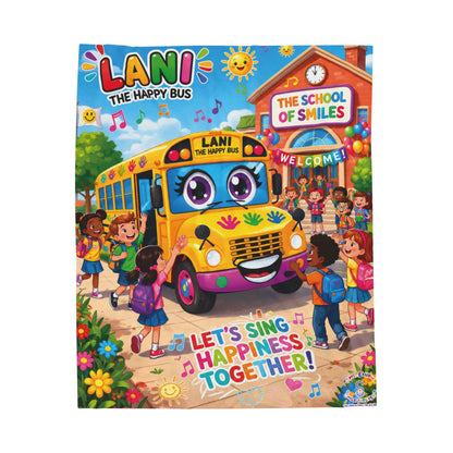 Lani the Happy Bus Kids Velveteen Blanket — "Let's Sing Happiness Together" Cozy Throw