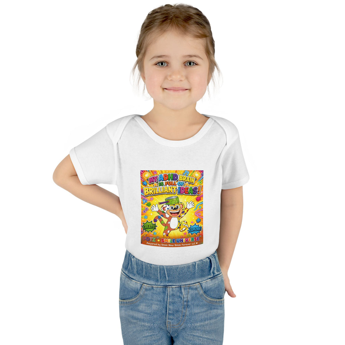 Potz™ Infant Baby Rib Bodysuit – "My ADHD Brain is Full of Brilliant Ideas!" Graphic Onesie | Smile Universe Collection