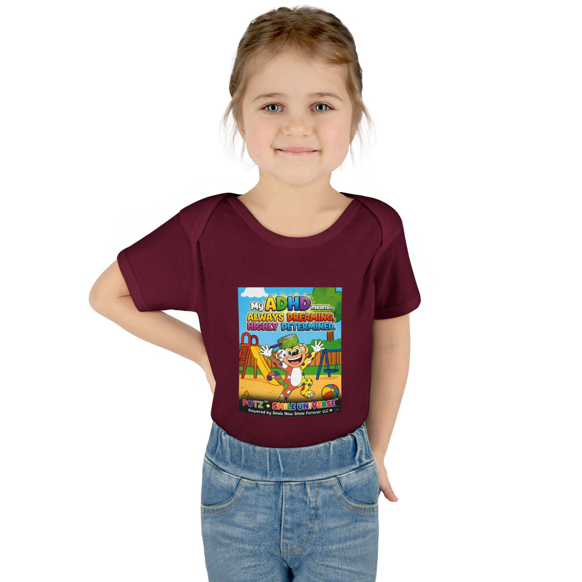 Potz™ Infant Baby Rib Bodysuit – "My ADHD Means Always Dreaming, Highly Determined" Graphic Onesie | Smile Universe Collection