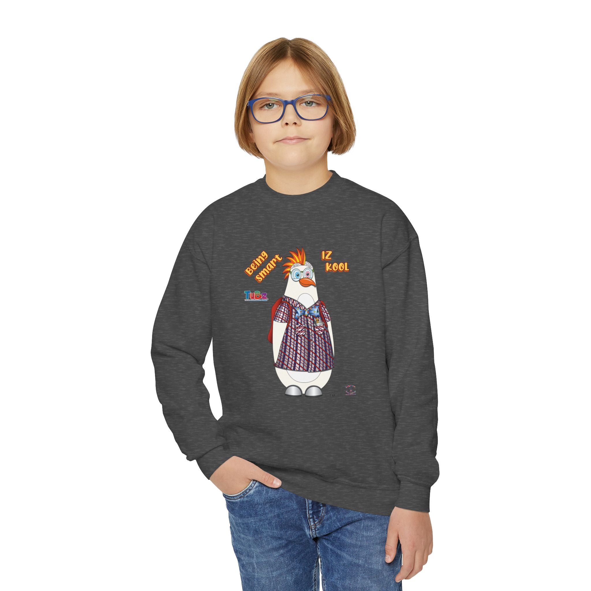TuBz™ "Being Smart Iz Kool" Youth Crewneck Sweatshirt – Character Dress-Up Graphic Sweatshirt | Smile Universe TuBz4Kidz Collection