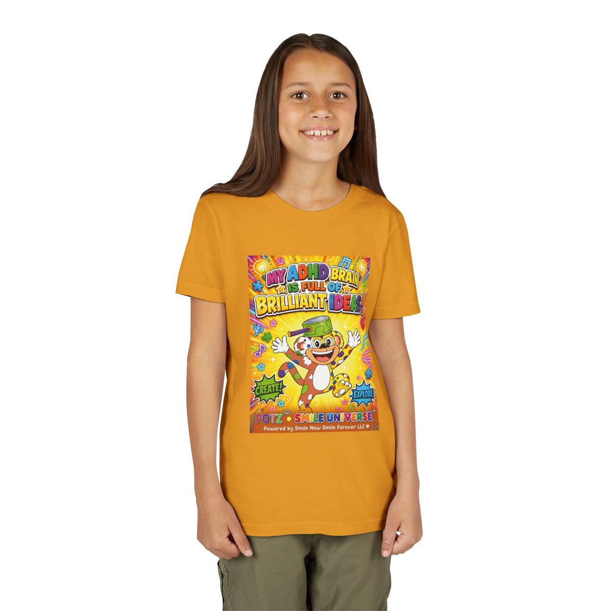 Potz™ Youth Short Sleeve Tee – "My ADHD Brain is Full of Brilliant Ideas!" Graphic Tee | Smile Universe Collection