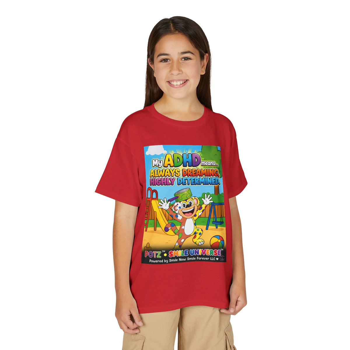 Potz™ Youth DryBlend® T-Shirt – "My ADHD Means Always Dreaming, Highly Determined" Graphic Tee | Smile Universe Collection