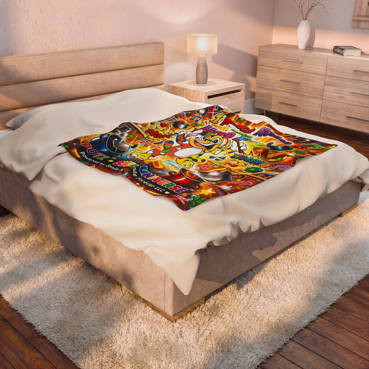 Potz™ Velveteen Plush Blanket – "I Make Noise -n- Have Fun!" Graphic Throw | Smile Universe Collection