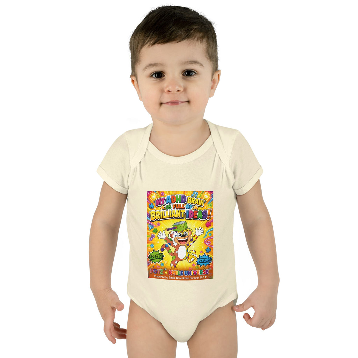 Potz™ Infant Baby Rib Bodysuit – "My ADHD Brain is Full of Brilliant Ideas!" Graphic Onesie | Smile Universe Collection