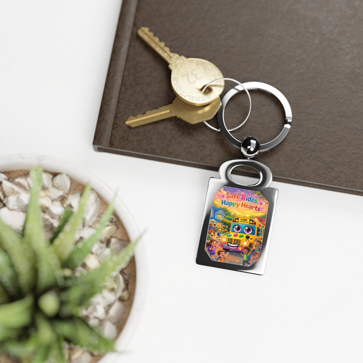 Lani™ Rectangle Photo Keyring – "Safe Rides, Happy Hearts" Graphic