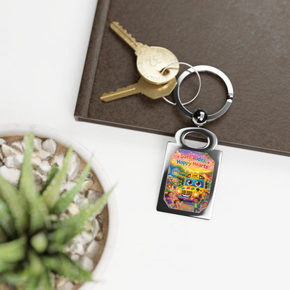 Lani™ Rectangle Photo Keyring – "Safe Rides, Happy Hearts" Graphic