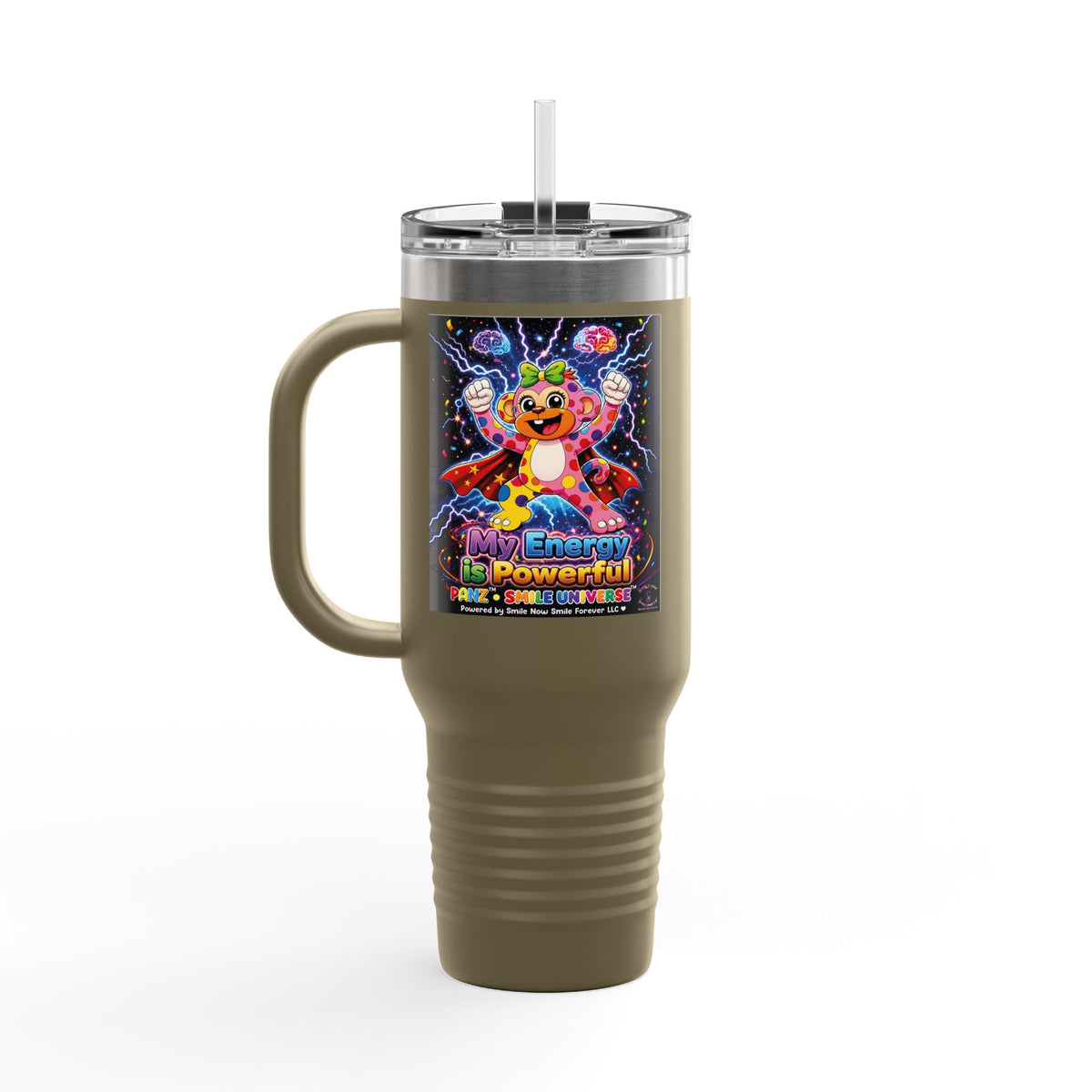 Panz™ Insulated Travel Mug 40oz – "My Energy is Powerful" Graphic Tumbler | Smile Universe Collection