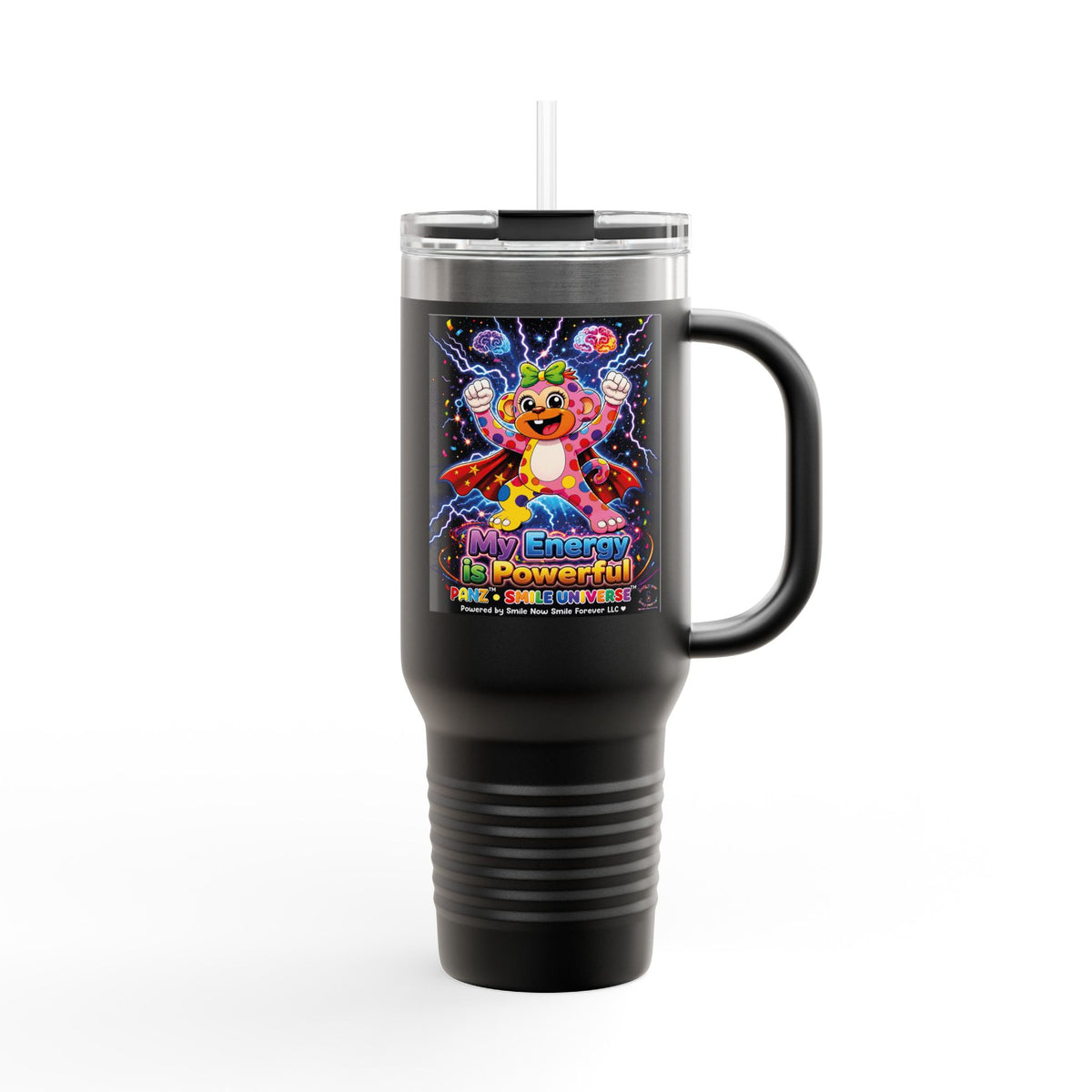 Panz™ Insulated Travel Mug 40oz – "My Energy is Powerful" Graphic Tumbler | Smile Universe Collection