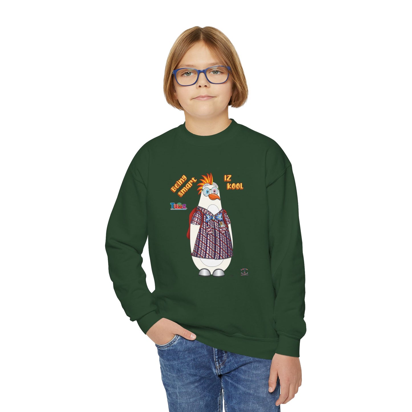 TuBz™ "Being Smart Iz Kool" Youth Crewneck Sweatshirt – Character Dress-Up Graphic Sweatshirt | Smile Universe TuBz4Kidz Collection