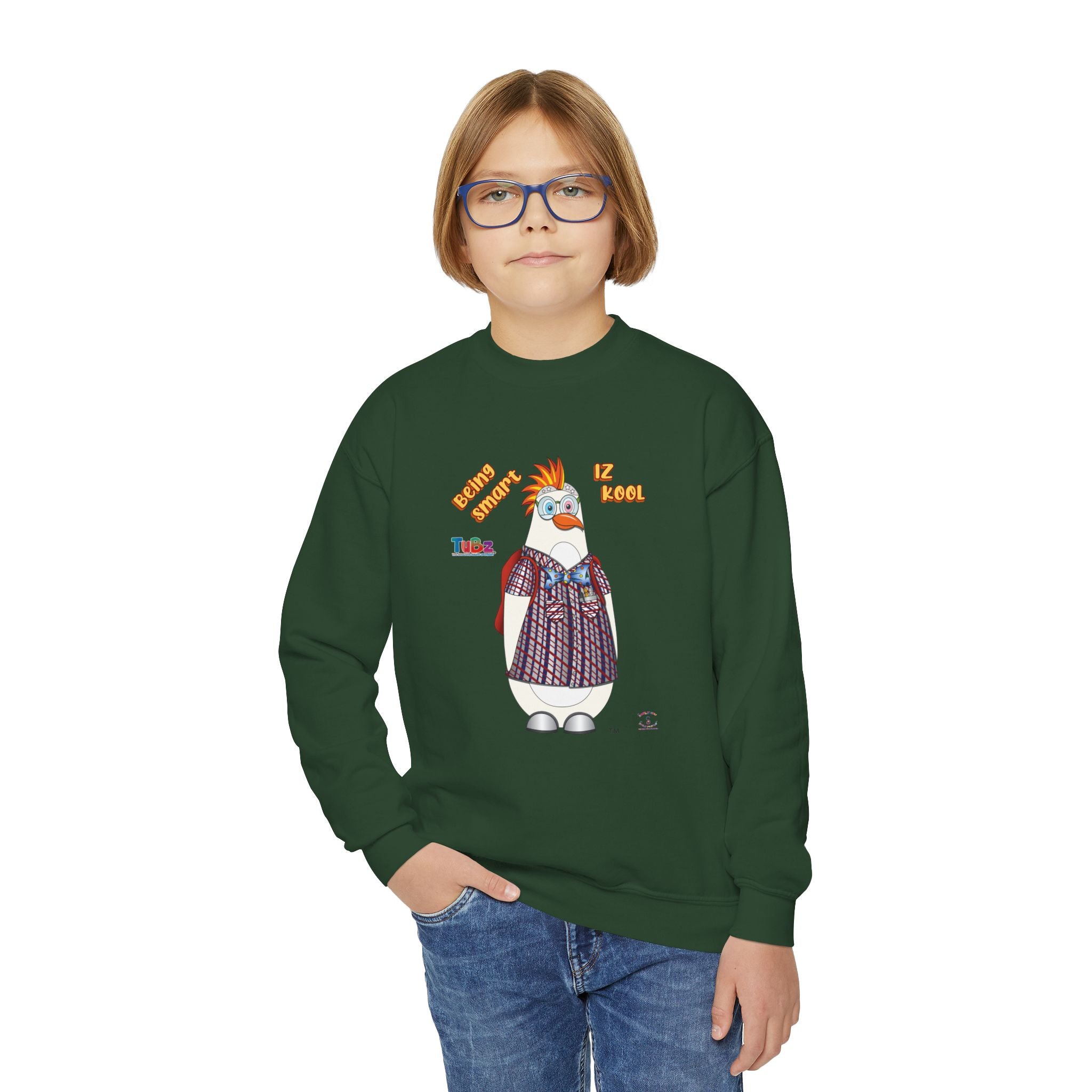TuBz™ "Being Smart Iz Kool" Youth Crewneck Sweatshirt – Character Dress-Up Graphic Sweatshirt | Smile Universe TuBz4Kidz Collection
