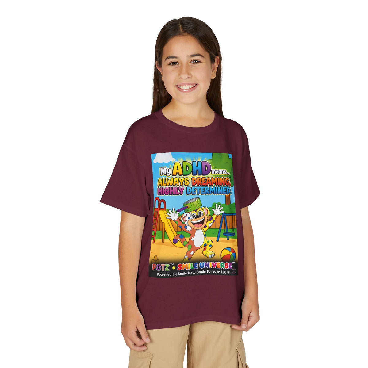 Potz™ Youth DryBlend® T-Shirt – "My ADHD Means Always Dreaming, Highly Determined" Graphic Tee | Smile Universe Collection
