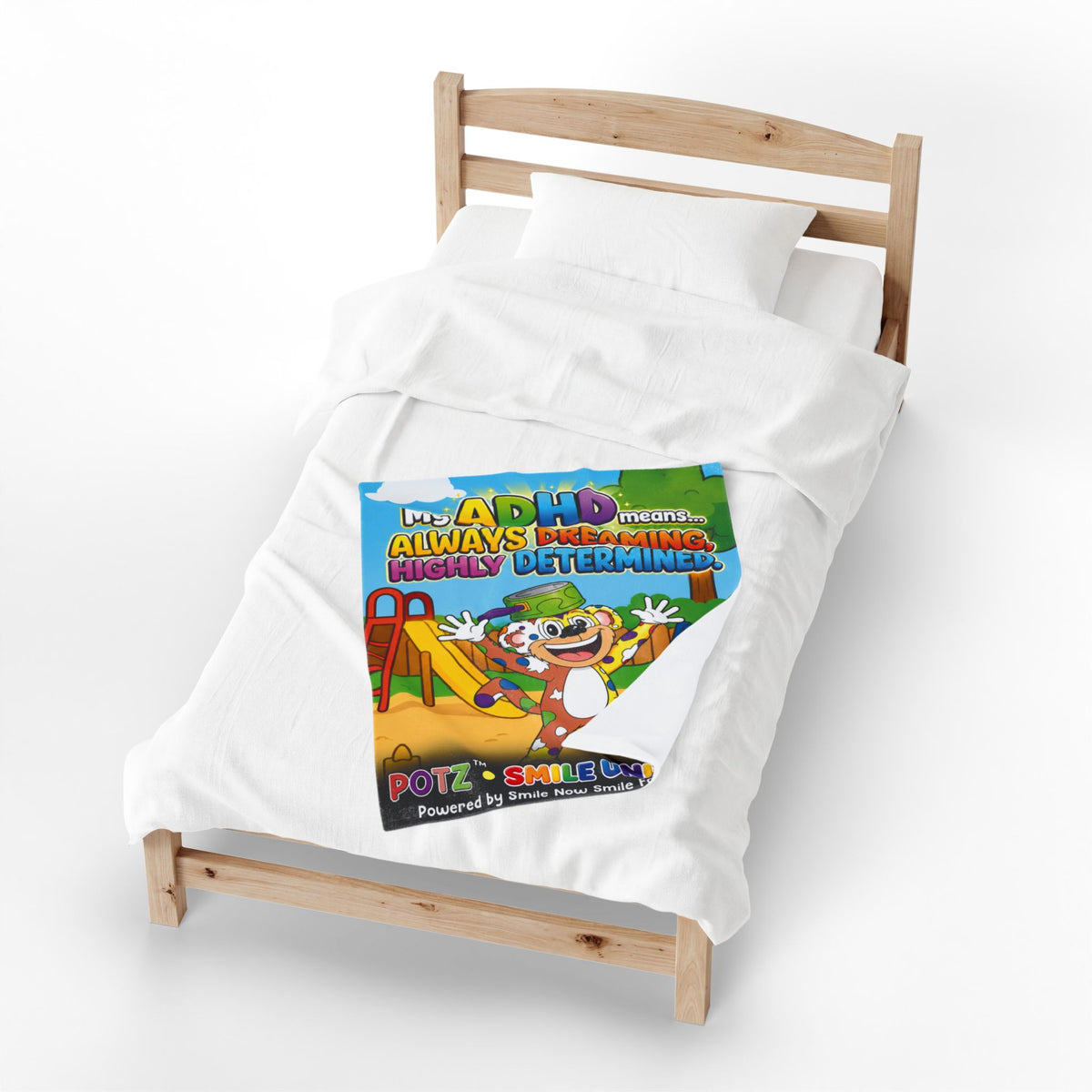 Potz™ Velveteen Plush Blanket – "My ADHD Means Always Dreaming, Highly Determined" Graphic Throw | Smile Universe Collection