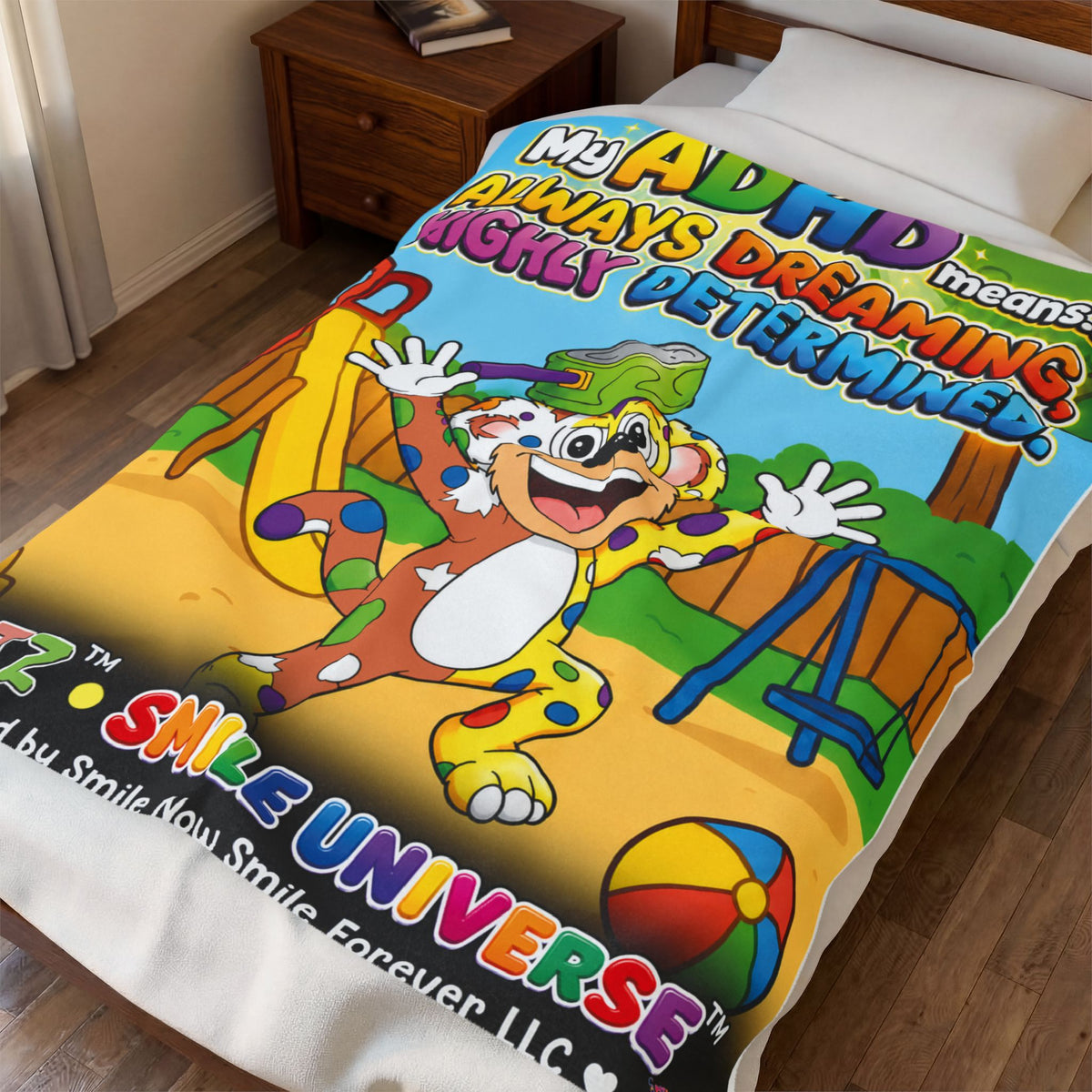 Potz™ Velveteen Plush Blanket – "My ADHD Means Always Dreaming, Highly Determined" Graphic Throw | Smile Universe Collection