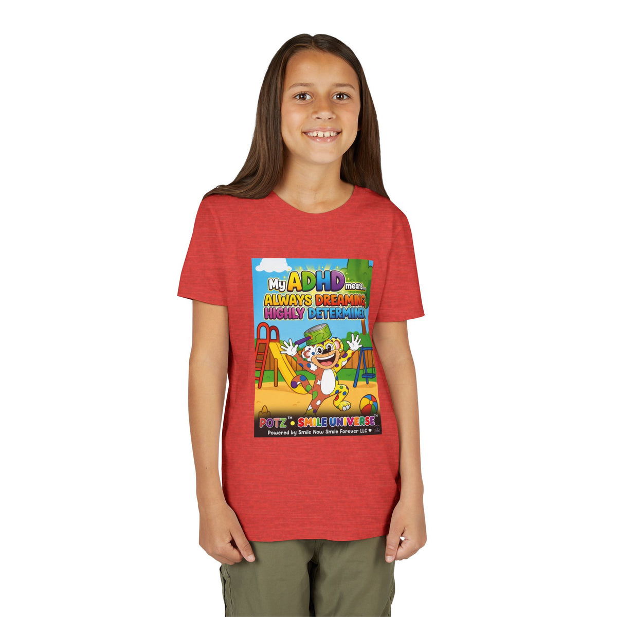 Potz™ Youth Short Sleeve Tee – "My ADHD Means Always Dreaming, Highly Determined" Graphic Tee | Smile Universe Collection