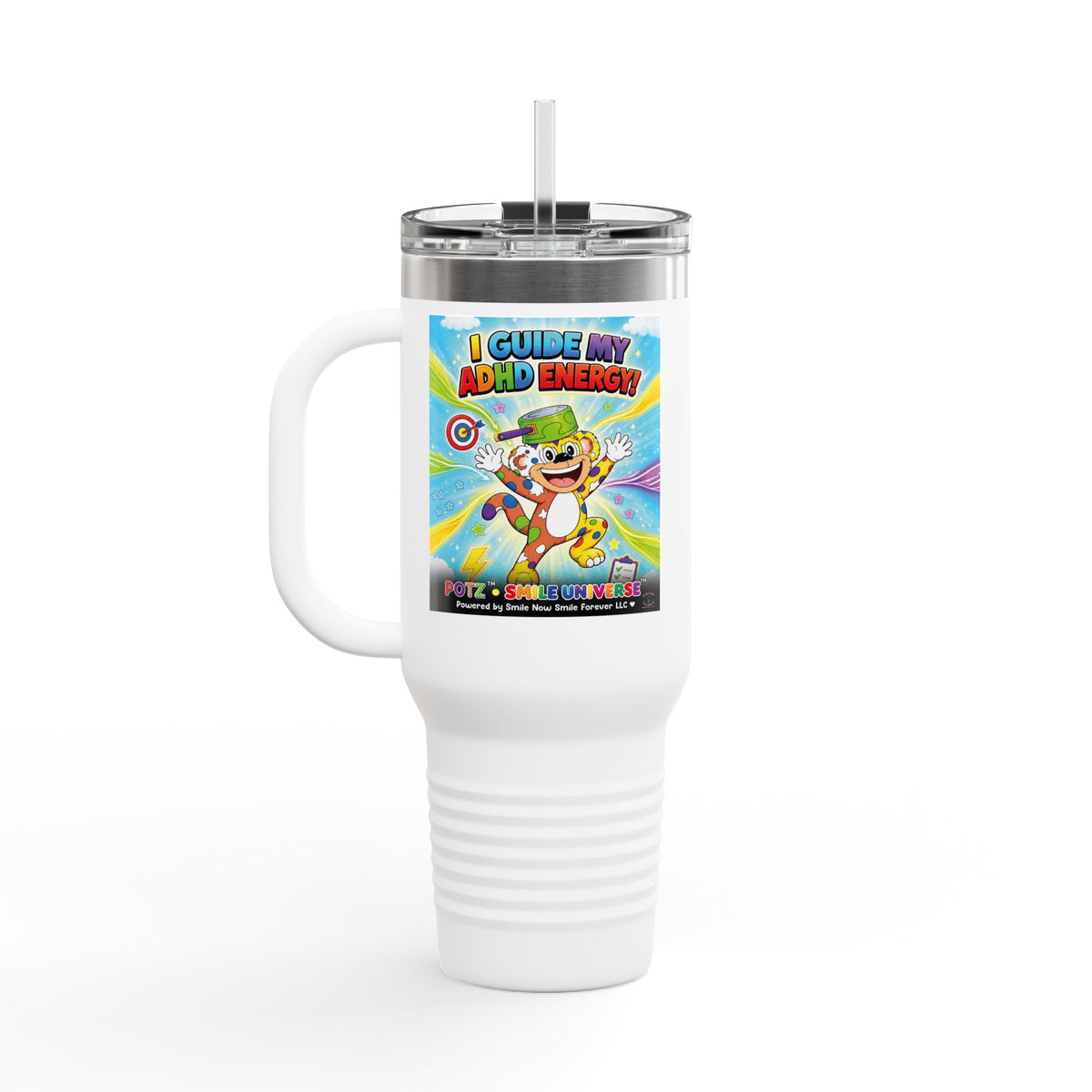 Potz™ Insulated Travel Mug 40oz – "I Guide My ADHD Energy!" Graphic Tumbler | Smile Universe Collection