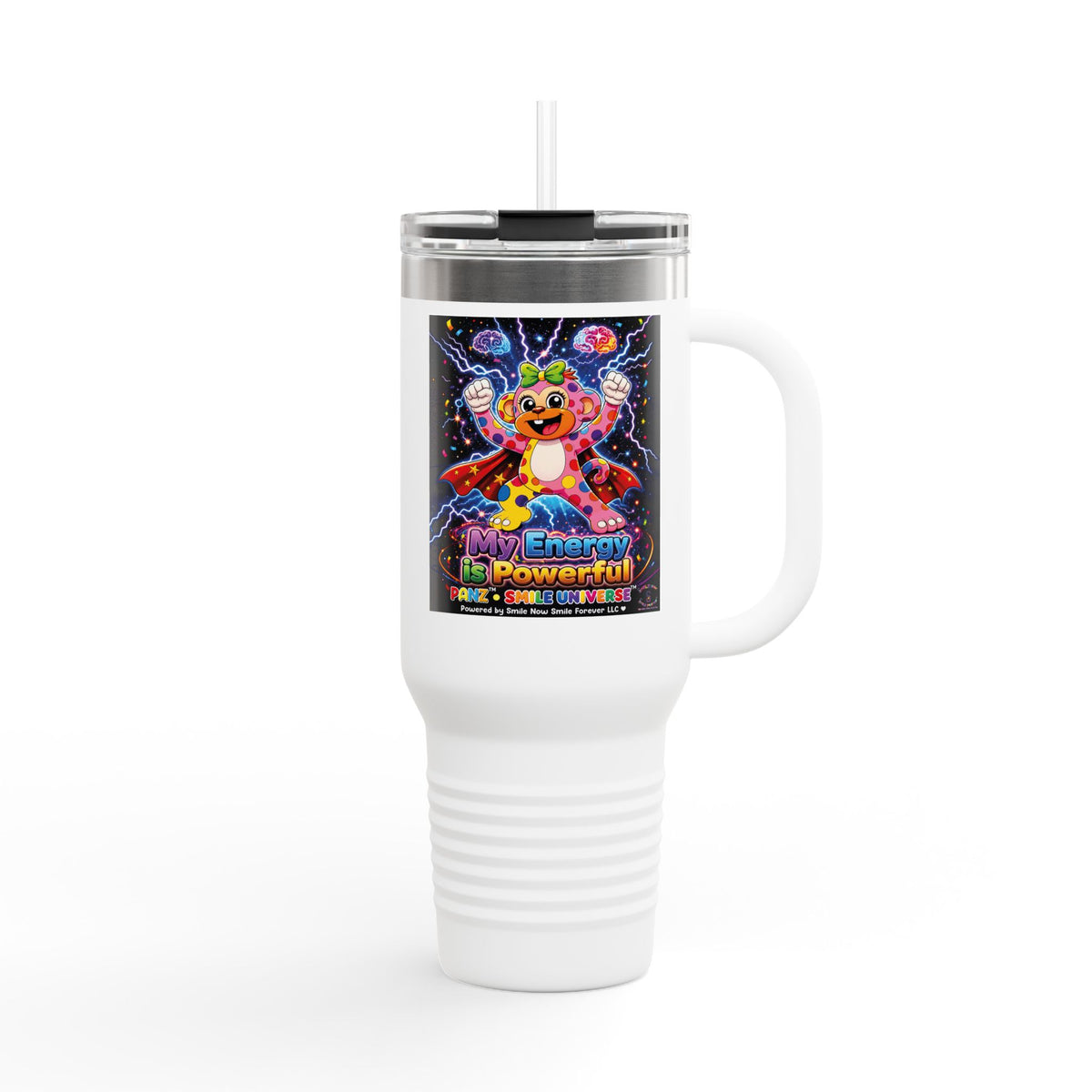 Panz™ Insulated Travel Mug 40oz – "My Energy is Powerful" Graphic Tumbler | Smile Universe Collection