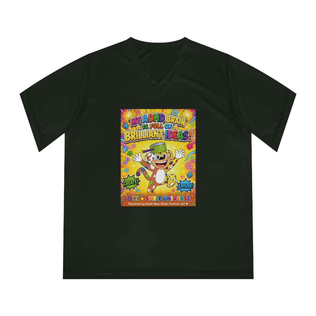 Potz™ Women's Performance V-Neck T-Shirt – "My ADHD Brain is Full of Brilliant Ideas!" Graphic Tee | Smile Universe Collection
