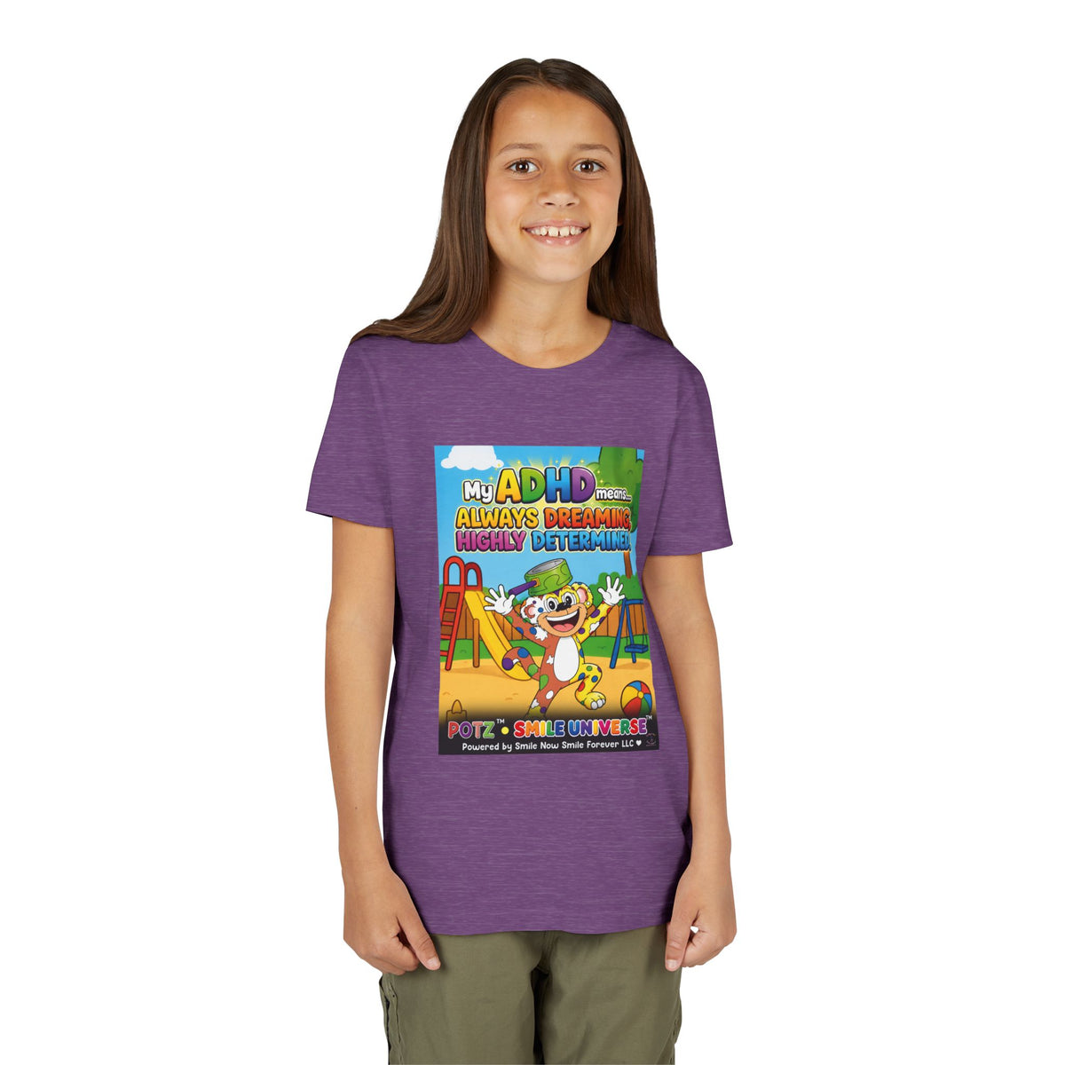 Potz™ Youth Short Sleeve Tee – "My ADHD Means Always Dreaming, Highly Determined" Graphic Tee | Smile Universe Collection