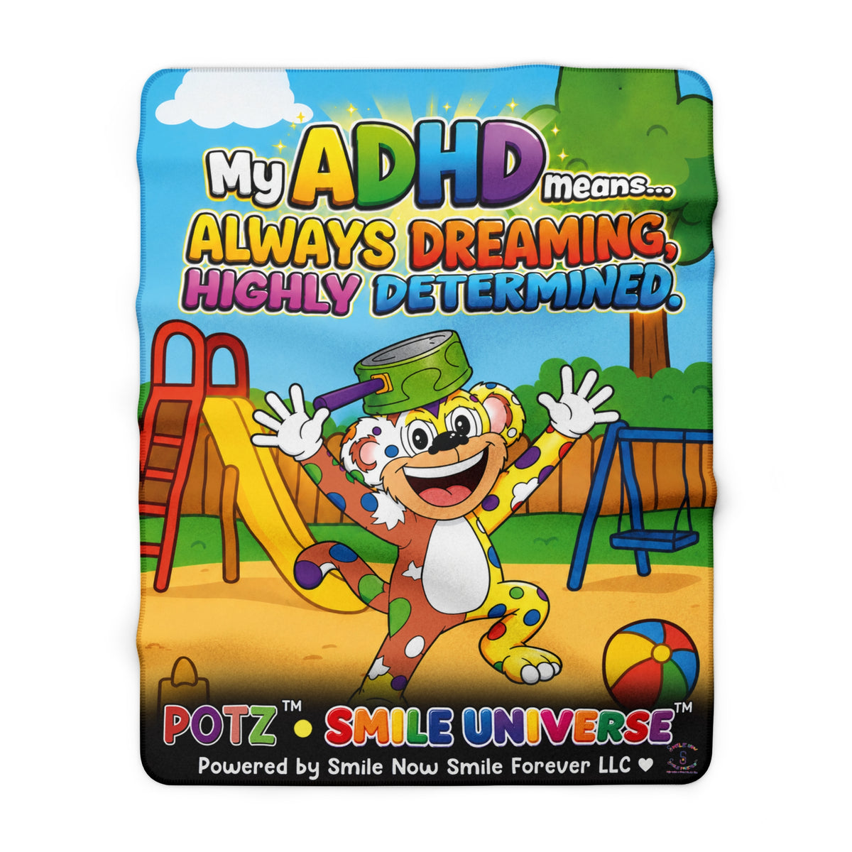 Potz™ Sherpa Fleece Blanket – "My ADHD Means Always Dreaming, Highly Determined" Graphic Throw | Smile Universe Collection
