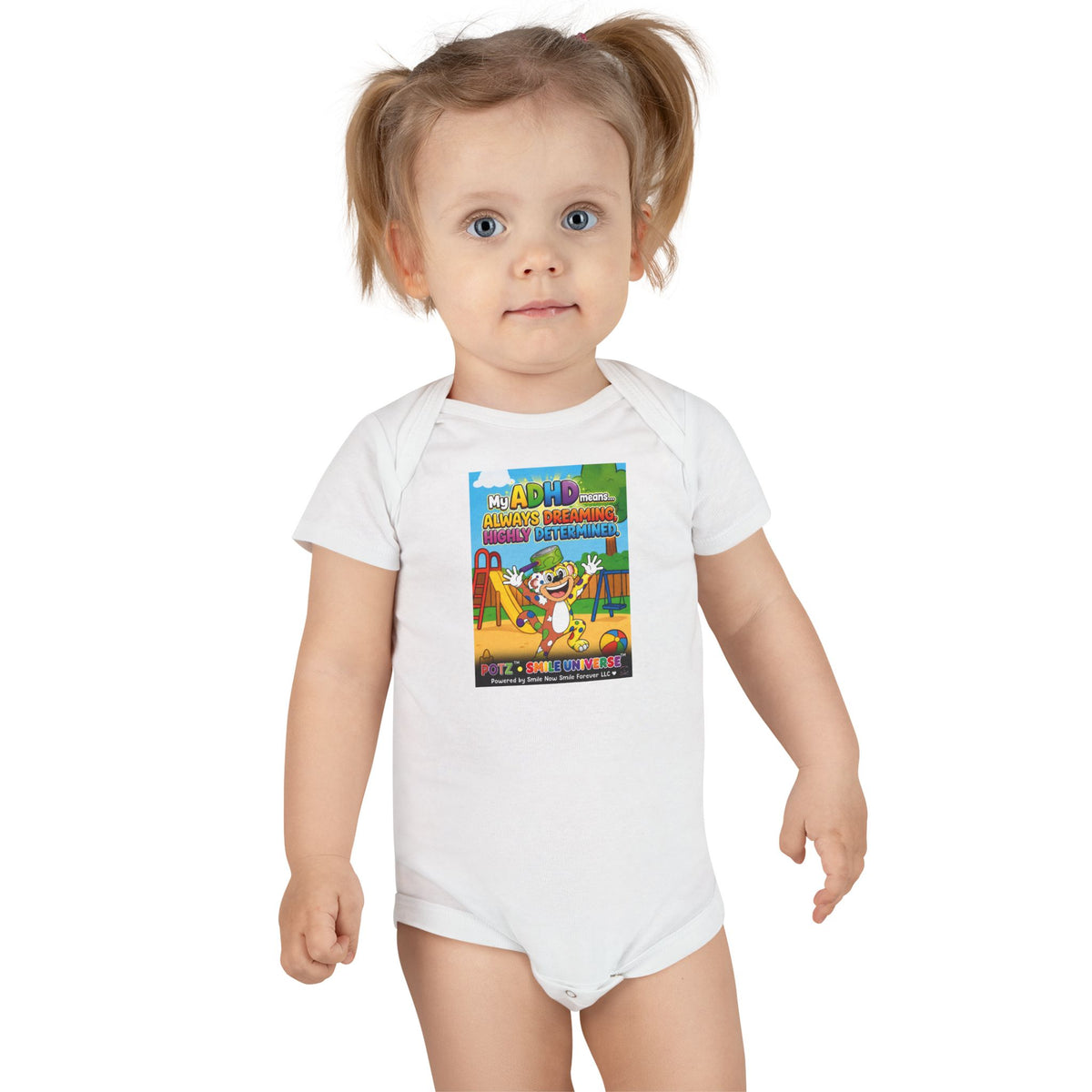 Potz™ Baby Short Sleeve Onesie® – "My ADHD Means Always Dreaming, Highly Determined" Graphic Bodysuit | Smile Universe Collection