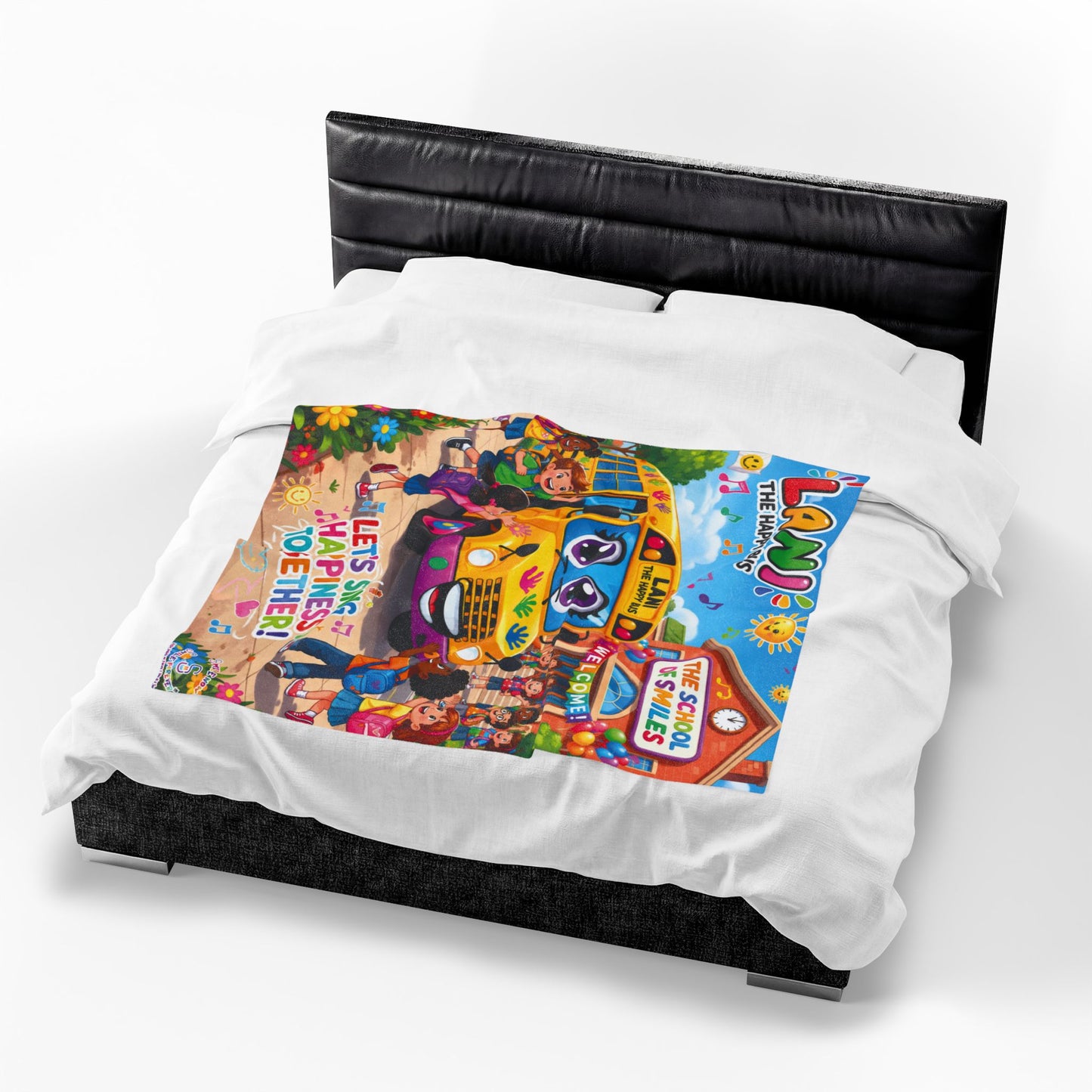 Lani the Happy Bus Kids Velveteen Blanket — "Let's Sing Happiness Together" Cozy Throw