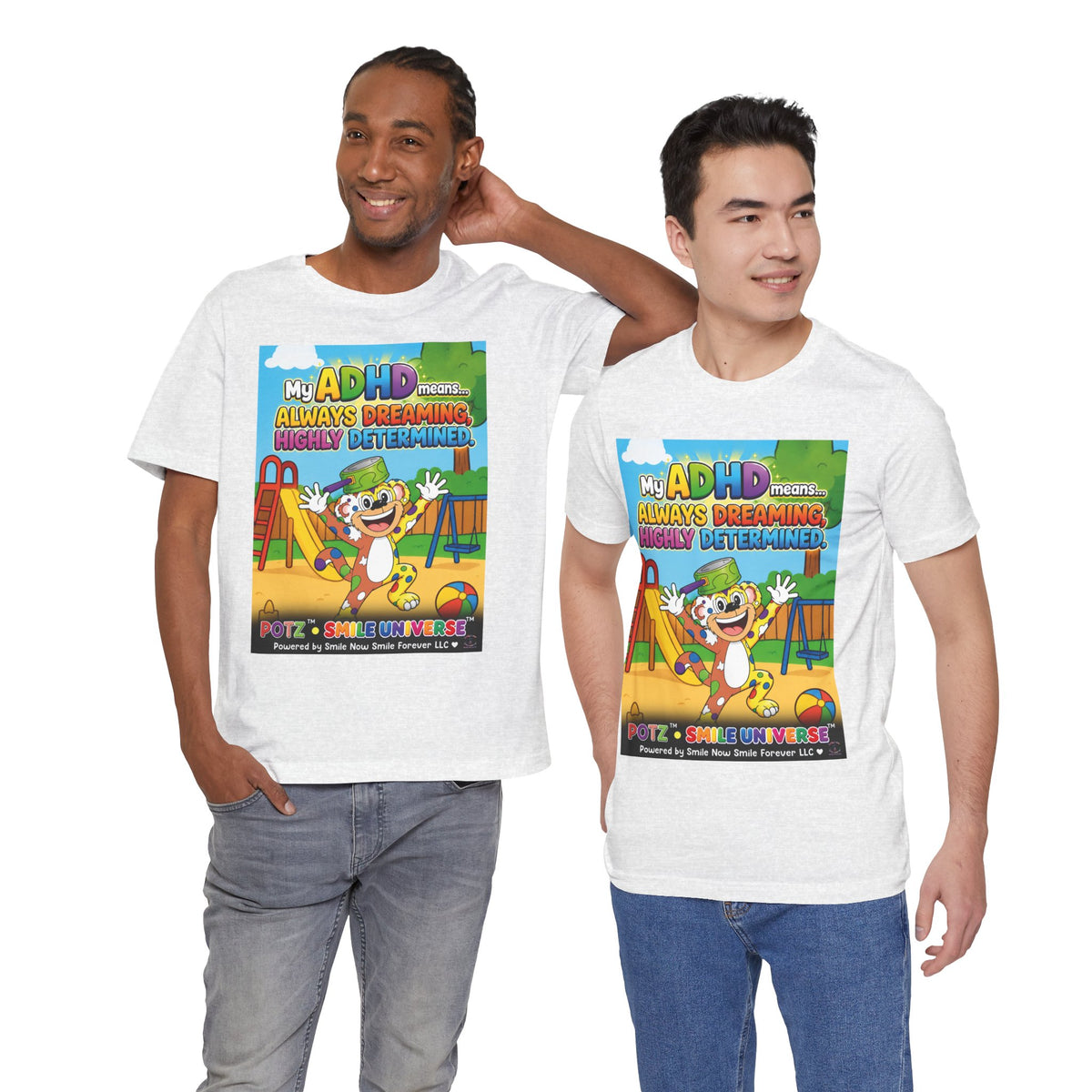 Potz™ Unisex Jersey Short Sleeve Tee – "My ADHD Means Always Dreaming, Highly Determined" Graphic Tee | Smile Universe Collection