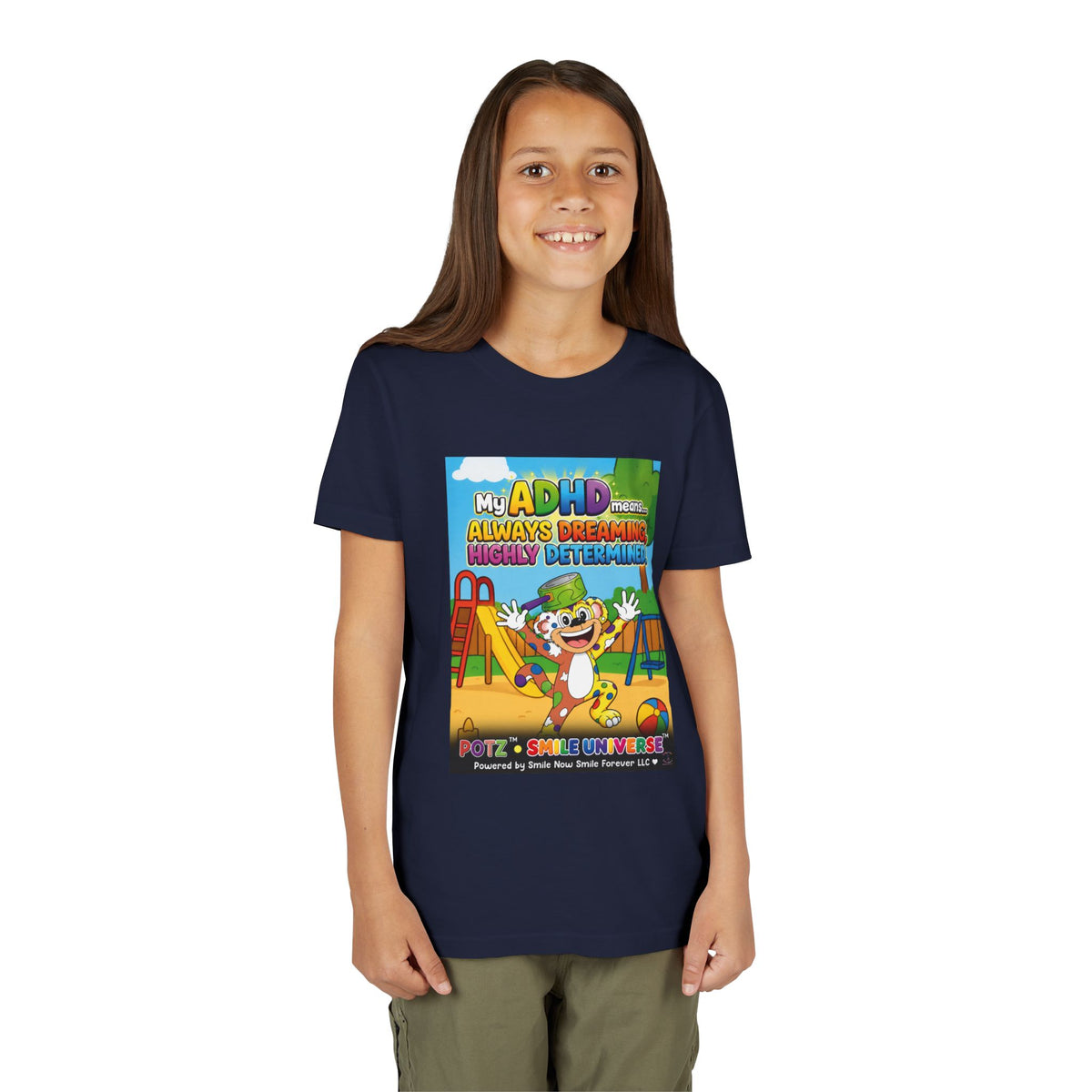 Potz™ Youth Short Sleeve Tee – "My ADHD Means Always Dreaming, Highly Determined" Graphic Tee | Smile Universe Collection