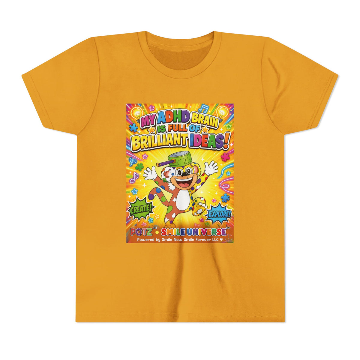 Potz™ Youth Short Sleeve Tee – "My ADHD Brain is Full of Brilliant Ideas!" Graphic Tee | Smile Universe Collection