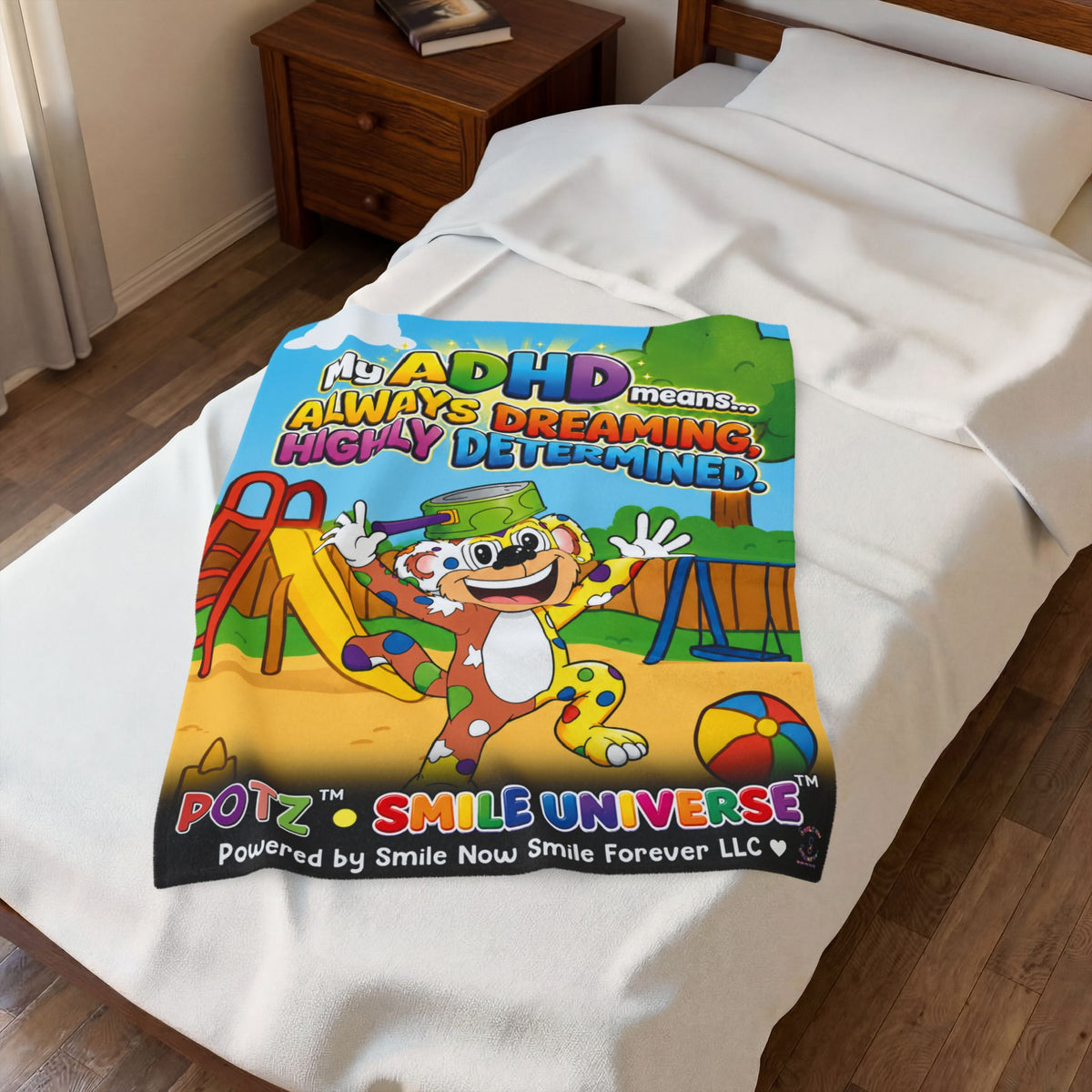 Potz™ Velveteen Plush Blanket – "My ADHD Means Always Dreaming, Highly Determined" Graphic Throw | Smile Universe Collection