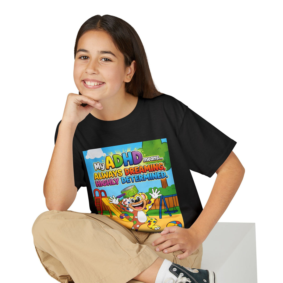 Potz™ Youth DryBlend® T-Shirt – "My ADHD Means Always Dreaming, Highly Determined" Graphic Tee | Smile Universe Collection