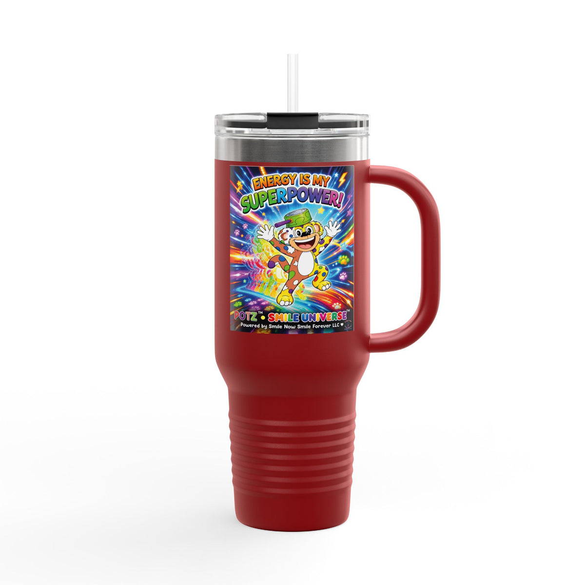 Potz™ Insulated Travel Mug 40oz – "Energy is My Superpower!" Graphic Tumbler | Smile Universe Collection
