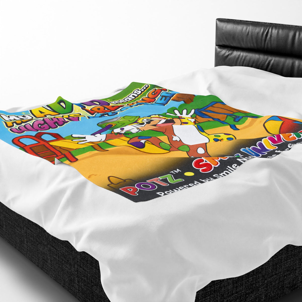 Potz™ Velveteen Plush Blanket – "My ADHD Means Always Dreaming, Highly Determined" Graphic Throw | Smile Universe Collection