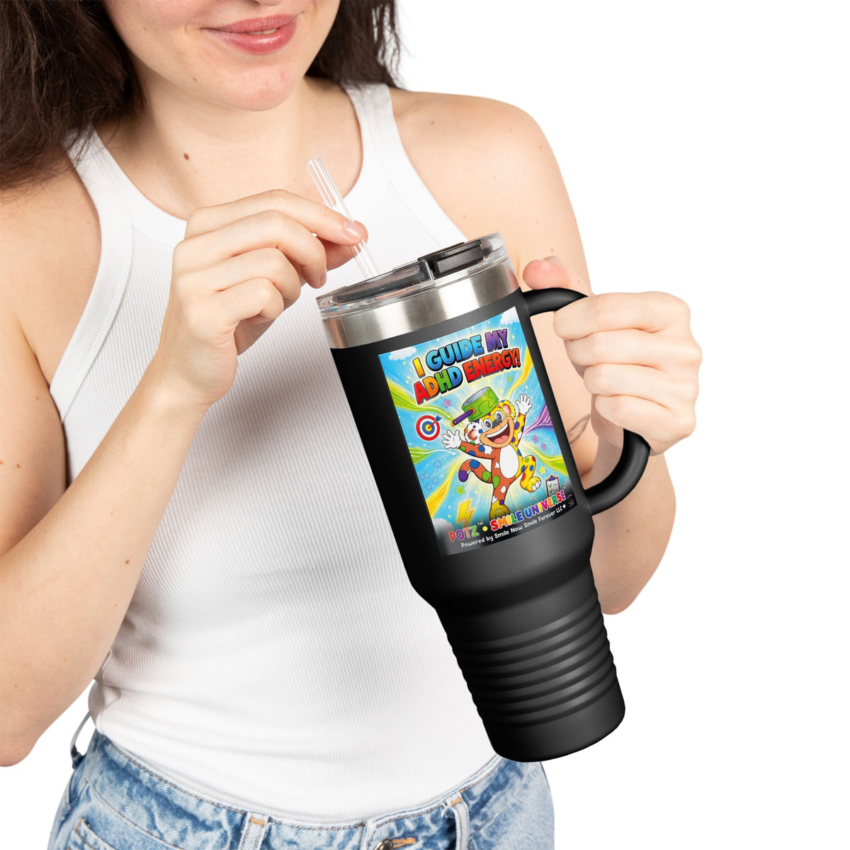 Potz™ Insulated Travel Mug 40oz – "I Guide My ADHD Energy!" Graphic Tumbler | Smile Universe Collection