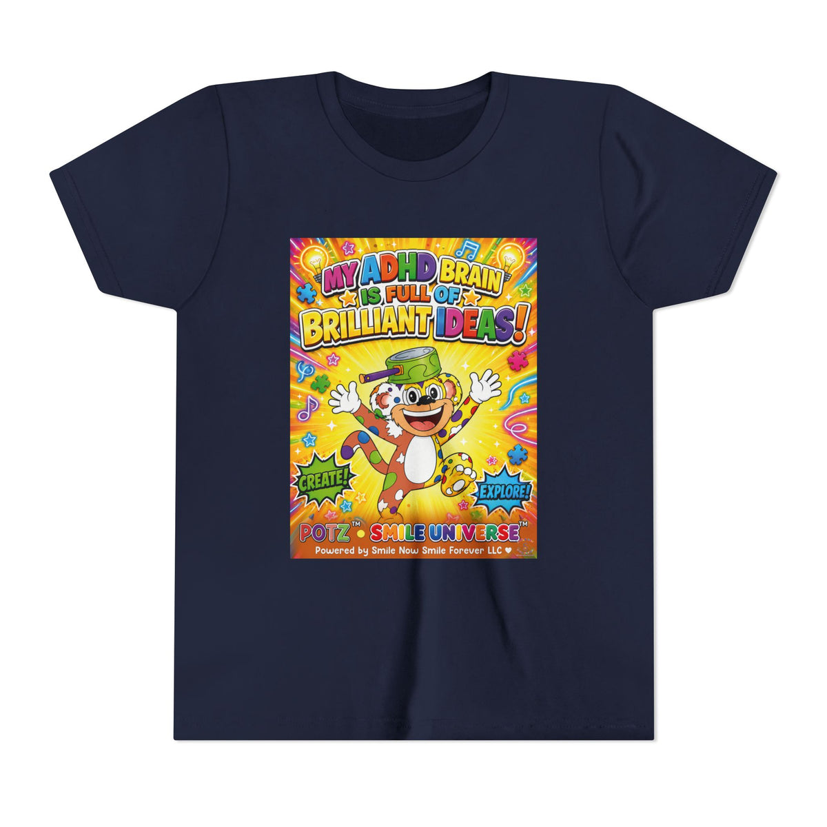 Potz™ Youth Short Sleeve Tee – "My ADHD Brain is Full of Brilliant Ideas!" Graphic Tee | Smile Universe Collection
