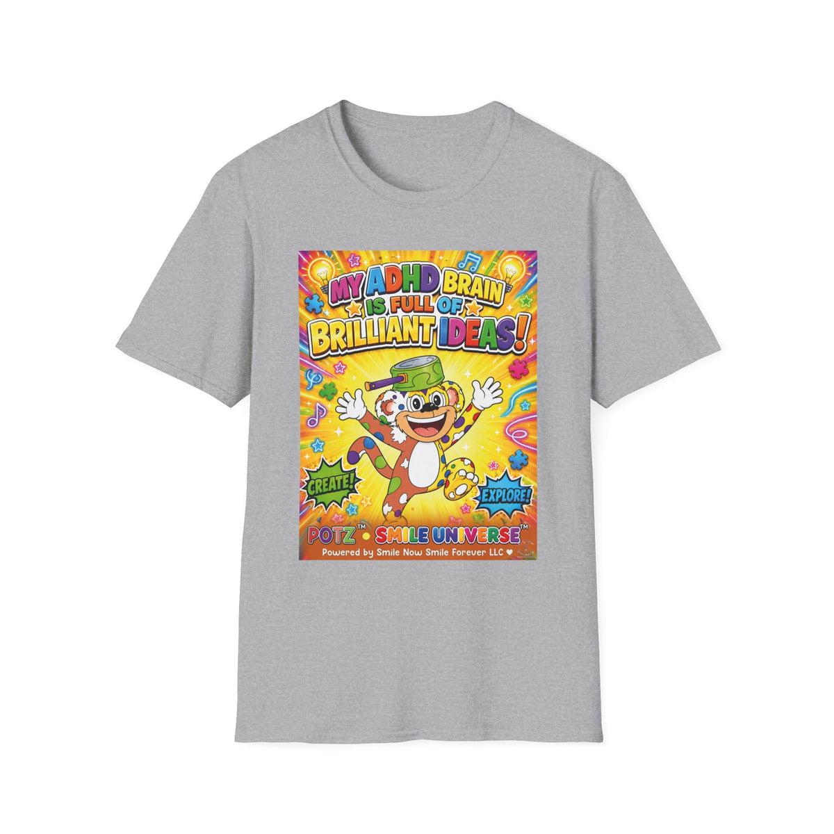 Potz™ Unisex Softstyle T-Shirt – "My ADHD Brain is Full of Brilliant Ideas!" Graphic Tee | Smile Universe Collection