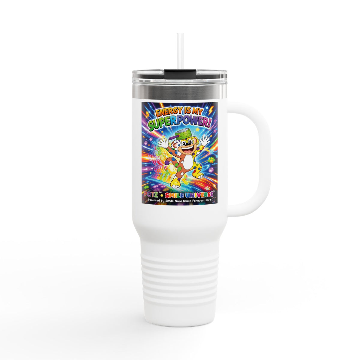Potz™ Insulated Travel Mug 40oz – "Energy is My Superpower!" Graphic Tumbler | Smile Universe Collection