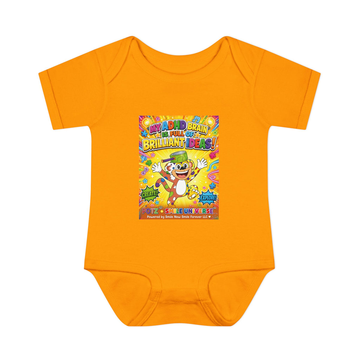 Potz™ Infant Baby Rib Bodysuit – "My ADHD Brain is Full of Brilliant Ideas!" Graphic Onesie | Smile Universe Collection
