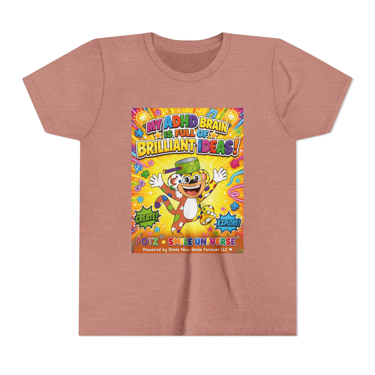Potz™ Youth Short Sleeve Tee – "My ADHD Brain is Full of Brilliant Ideas!" Graphic Tee | Smile Universe Collection