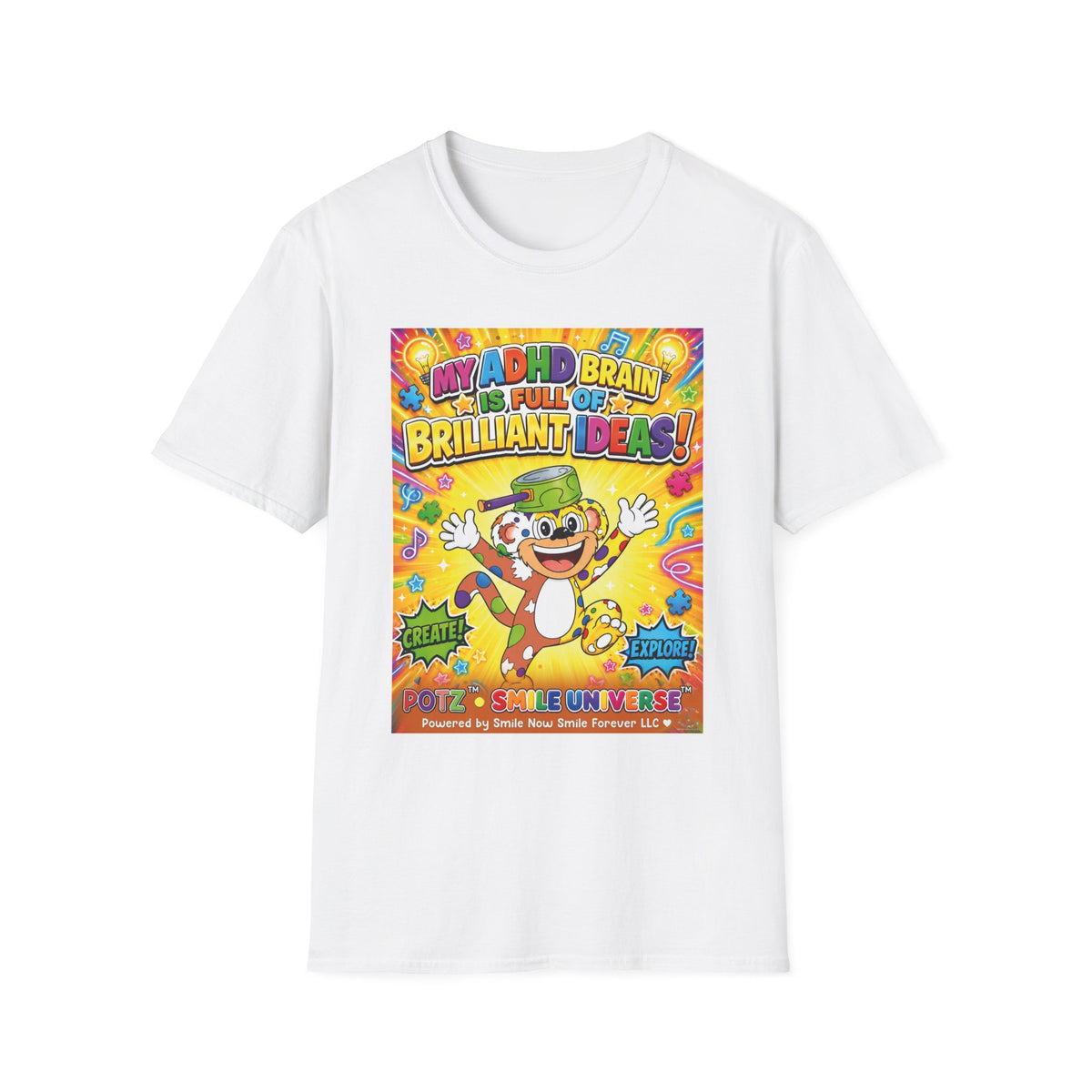 Potz™ Unisex Softstyle T-Shirt – "My ADHD Brain is Full of Brilliant Ideas!" Graphic Tee | Smile Universe Collection