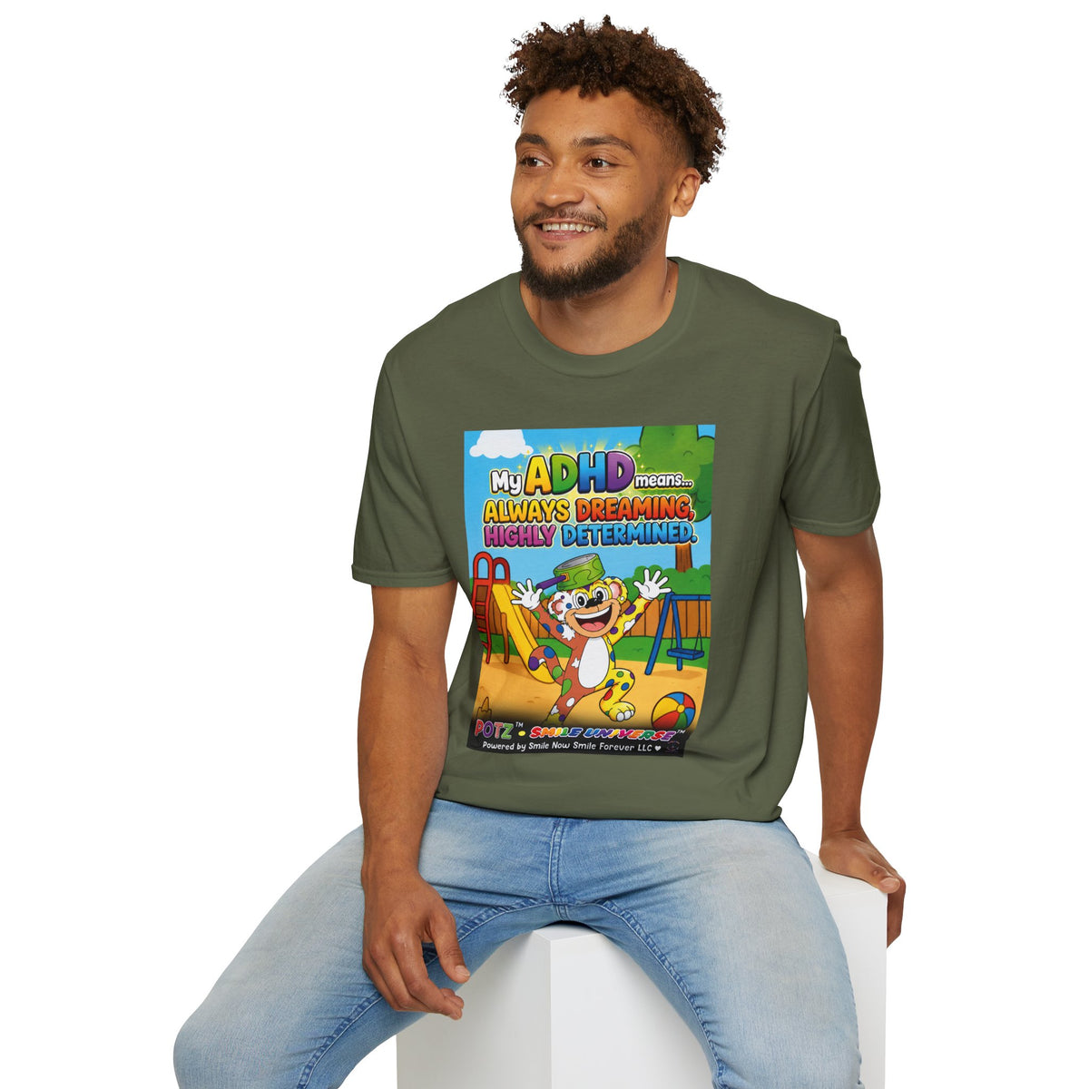 Potz™ Unisex Softstyle T-Shirt – "My ADHD Means Always Dreaming, Highly Determined" Graphic Tee | Smile Universe Collection