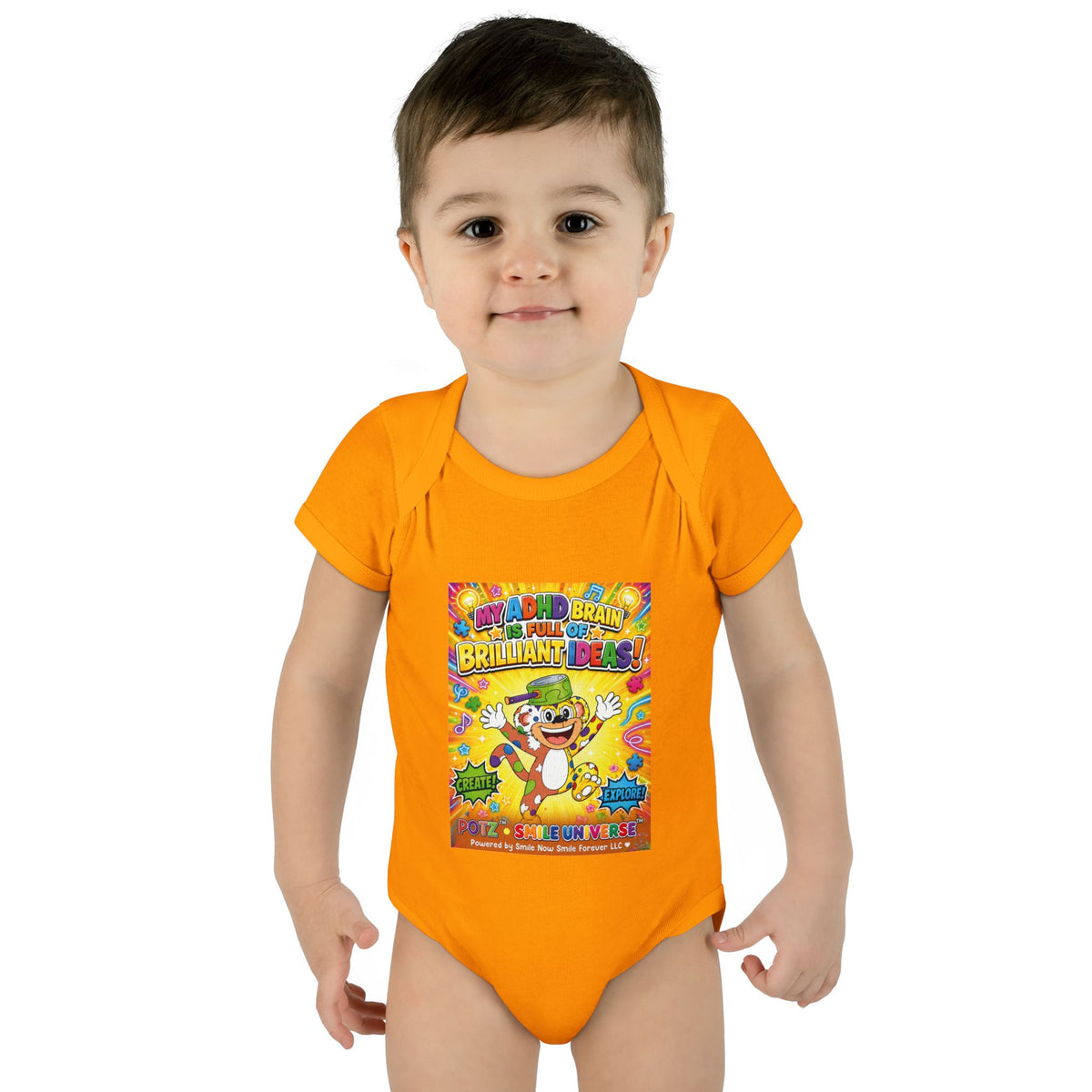 Potz™ Infant Baby Rib Bodysuit – "My ADHD Brain is Full of Brilliant Ideas!" Graphic Onesie | Smile Universe Collection