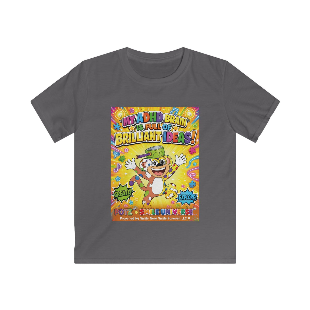 Potz™ Kids Softstyle Tee – "My ADHD Brain is Full of Brilliant Ideas!" Graphic Tee | Smile Universe Collection