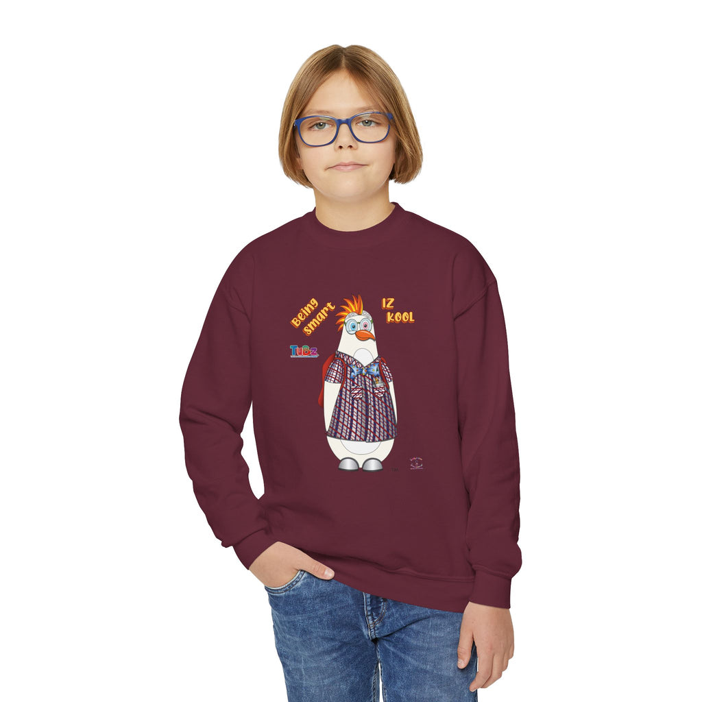 TuBz™ "Being Smart Iz Kool" Youth Crewneck Sweatshirt – Character Dress-Up Graphic Sweatshirt | Smile Universe TuBz4Kidz Collection
