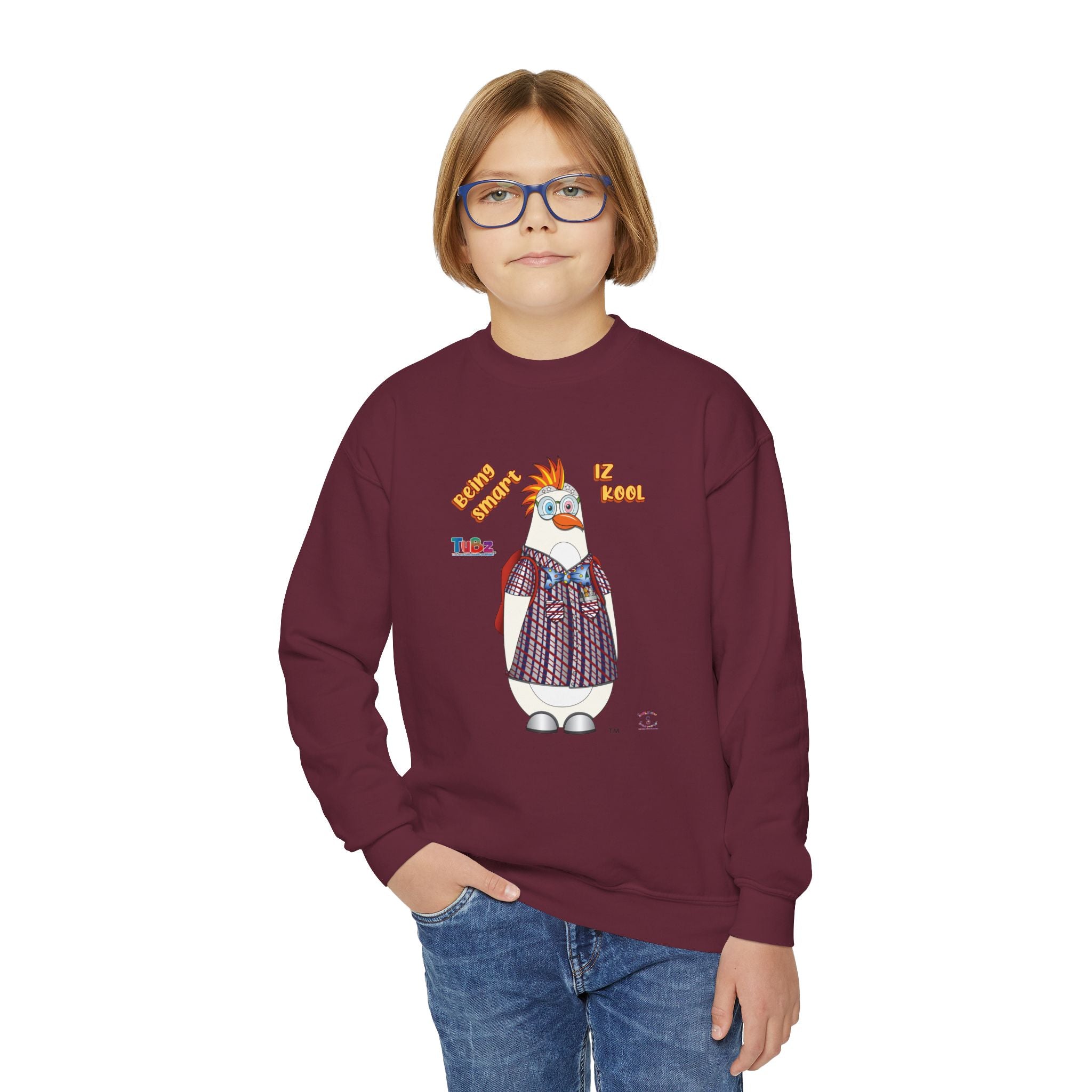 TuBz™ "Being Smart Iz Kool" Youth Crewneck Sweatshirt – Character Dress-Up Graphic Sweatshirt | Smile Universe TuBz4Kidz Collection